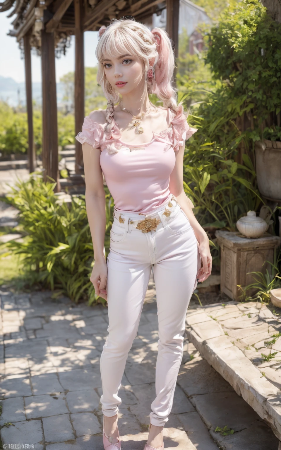 (8K, Masterpiece, RAW photo, Best quality, detail:1.3), (ultra realistic Natural background, scenary:1.5), Depth of field, Cinematic light, (ultra realistic face), (1 picture of 1 solo girl Airim Jones:1.6), 1girl, (Beautiful and elegant Russian girl), (skinny girl with glasses), (European face:1.3), (perfect complete full body:1.5), (full body shot including shoes:1.6), (small necklace, collarbone:1.1), ( [bangs|pigtails|bob|pixie] hair:1.5), (ultra detailed skin:1.4), (sexy [white|pink] top outfit:1.6), (Ankle-Length Jeans:1.5), (perfect standing pose:1.5), (perfect long legs:1.4)