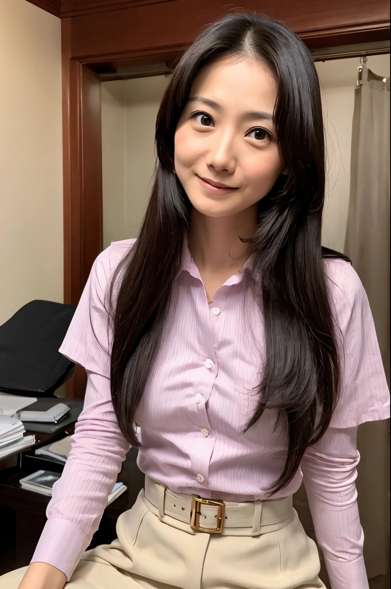 (High reality photograph, high resolusion, detailed face, detailed eyes) Skinny Japanese lady, 30 years old, cute face, various face expression, various hair style, skinny figure, medium breasts, very thin waist, in a japanese room, wearing tight shirt and skirt, emphasizing breasts, hang both hands up higher