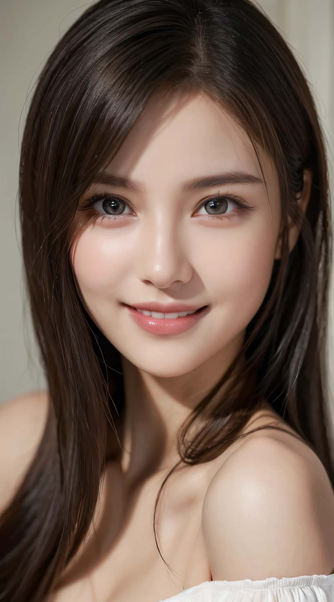 1girl in, Extremely cute, Amazing face and eyes, (extremely detailed beautiful face), (Ultra Realistic), (Highly detailed eyes, Highly detailed hair, Highly detailed face, Highly detailed plump lips), (off shoulders), breasts, Upper body, Search Smile, (Best Quality:1.4), Raw photo, (Realistic, photo-Realistic:1.37), Professional Photography, Cinematic Light,