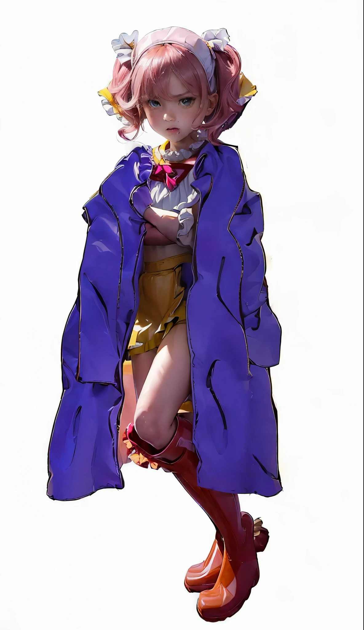 masterpiece, Highly detailed, super realistic,detailed background, bright Lighting, Daylight,
beautiful face, beautiful eyes, medieval style, 1girl, solo, 4k, 8k,
(10 years old girl:1.5),(female child),(loli),
(pink hair),(crossed arms),
(style of magical girl),
magic school uniform,
(female gang),(Red rubber boots:1.5),(Purple gown),
(angry),
((white frilled shirt)and(Yellow mini skirt):1.5),
(dynamic angle),(dynamic pose),
(full body),,(She is wearing a purple gown),