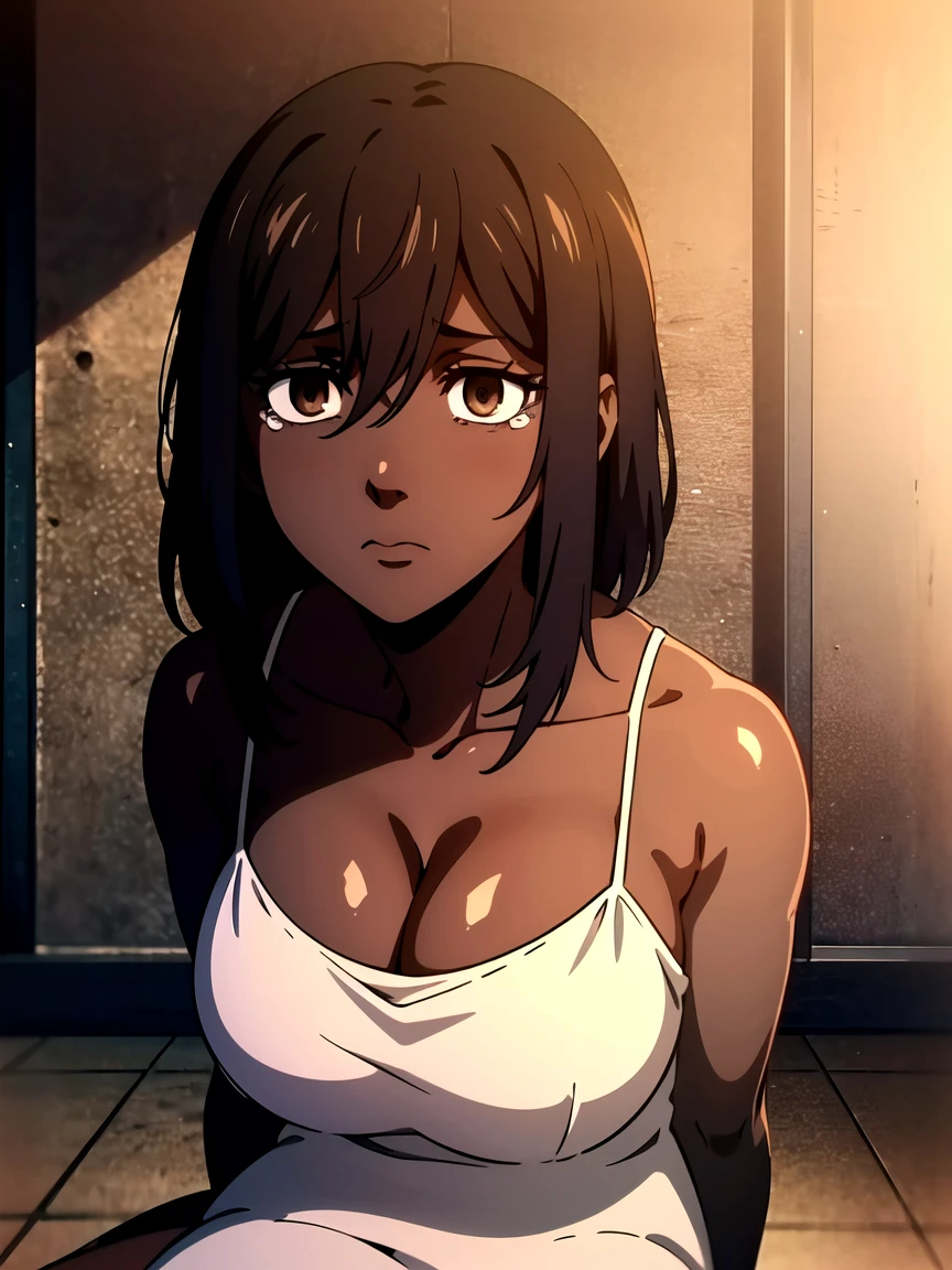 1 girl, (dark skin:1.2), shy, cute, (8k, RAW photo, best quality, masterpiece:1.2) ultra-detailed, detailed, vivid colors, studio lighting, blank eyes, white eyes, (detailed eyes, perfect eyes:1.1) black hair, extremely short hair, anatomically correct, brown eyes, floral summer dress, cleavage, anime screenshot, short skirt, locked inside cage, caged bars, eroge, worried, facing the viewer, scared, dark room, bad ending, extremely long curly hair, bent ove teary eyed, mouth closed, hime bangs, chained, 1girl, heavily pregnant, empty eyes, sitting on floor, viewed from the side, defeated and tired, mind broken,