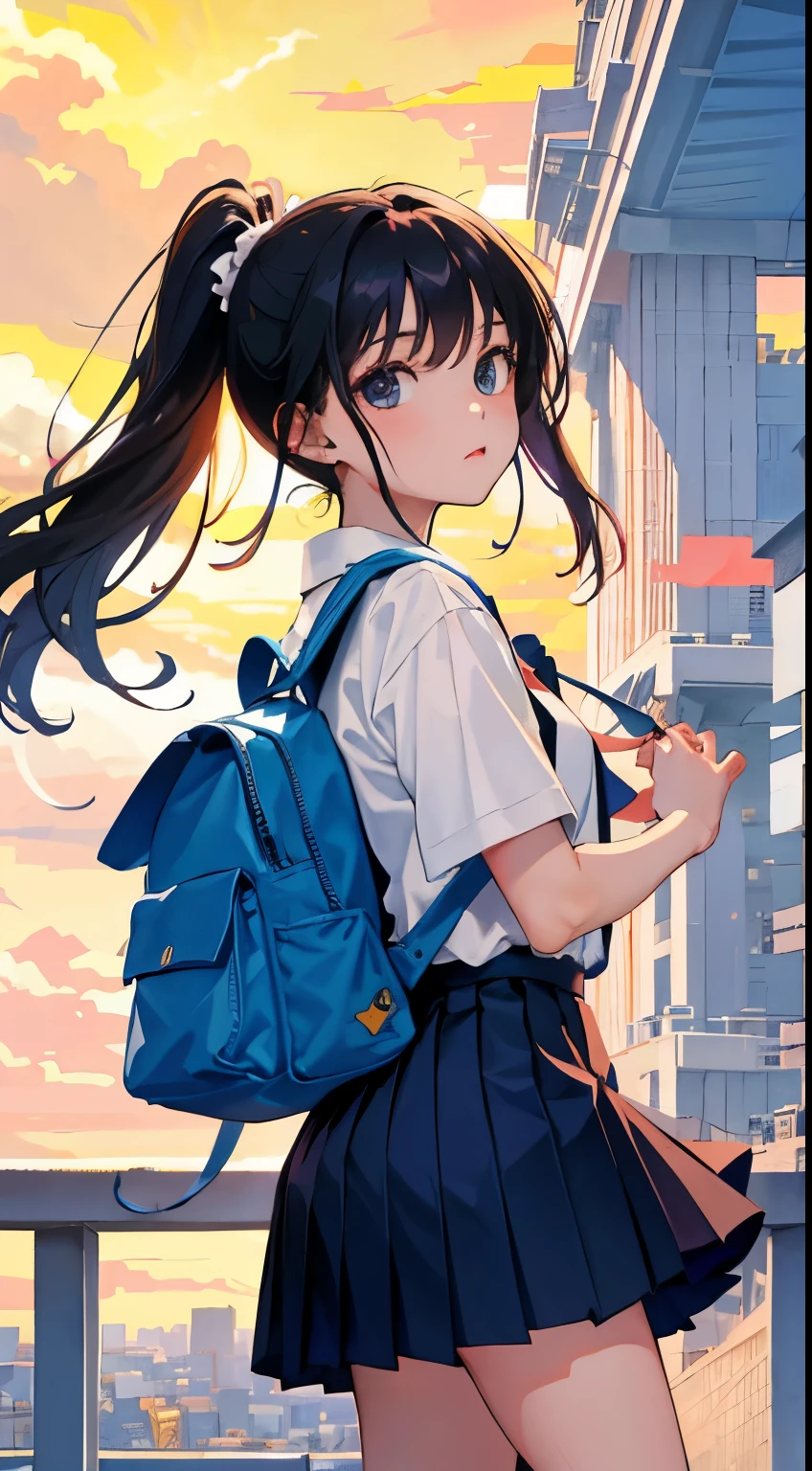 (child),(masterpiece,Highest Quality),backpack,Dark blue pleated miniskirt,shortsleeves,ponytail dark hair,Summer Classroom,The wind is blowing,a park