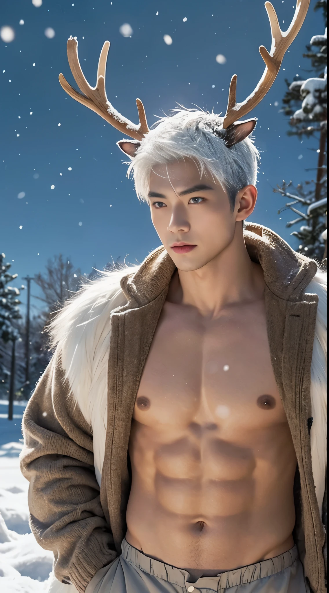 Japanese man, handsome, muscular, white hair, has antlers on his head, little brown deer outfit, takes off shirt, snow field, heavy snow, Christmas