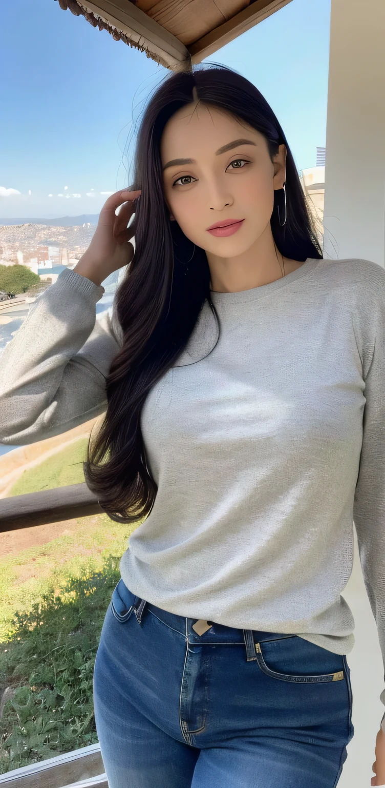 ((Meia-noite, best quality, 8k, master part :1.3)), foco nítido :1.2, Uma mulher bonita com figura perfeita :1.4, ((Cabelos castanhos escuros, seios grandes :1.2)), (camisa sem mangas, babador jeans, Standing :1.2), ((Vista noturna da cidade, Rua :1.3)), Textura altamente detalhada do rosto e da pele, Olhos detalhados, Double eyelidm, clivagem, sorrir, olhar sexy
