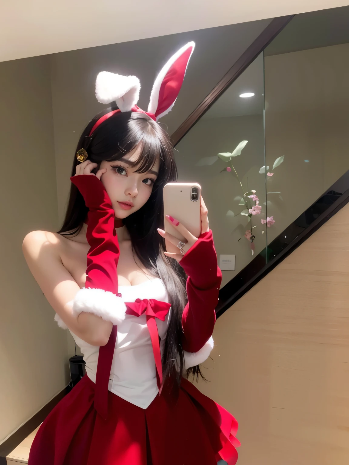 there is a woman dressed as a rabbit taking a selfie, anime , trending at cgstation, com orelhas de coelho, anime , Ahri, Ahri from league of legends, ultrarealistic sweet coelhinho meninamichan, coelhinho menina, Tohsso., menina anime in ree, 1 8 I, Sha Xi, Ulzzang