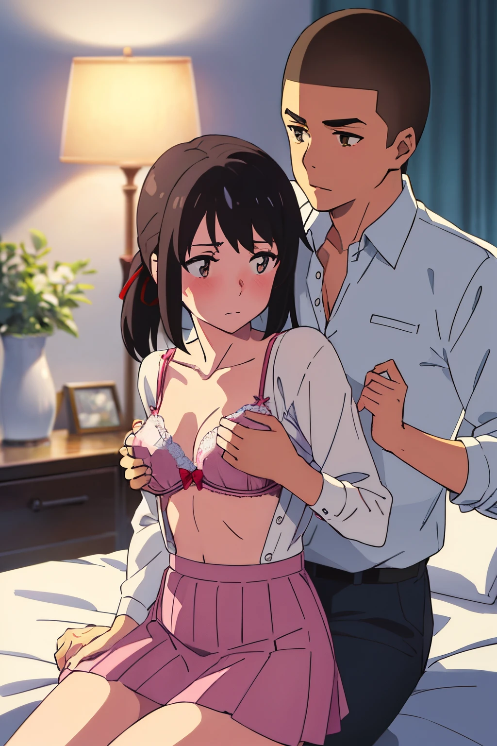 masterpiece:1.6, best quality), finely detailed beautiful eyes: 1.2), colorful, shinkai makoto, kimi no na wa., 1boy, buzzcut, muscular, brown eyes, nude, boy caressing girl's body, breast groping, breast grope, hold breast,1girl, black hair, small ponytail with red ribbon, short hair, blush, bow, brown eyes, collared shirt, long sleeve white shirt buttons, unbuttoned shirt, open shirt, pink bra lift up, medium breast, pink bra, short skirt, indoors, sit, sitting on bed , bed,bedroom, lamp, cowboy shot, face to face