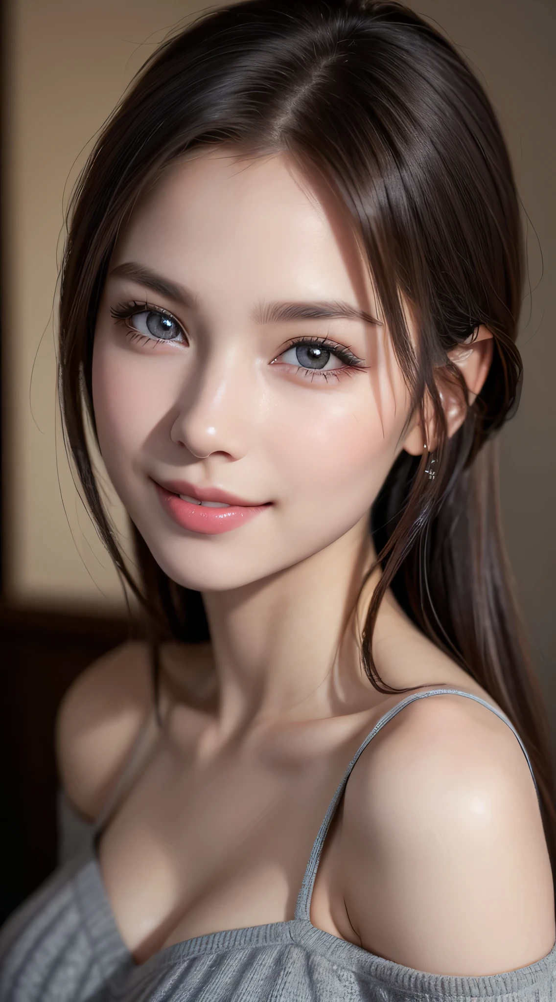 1girl in, Extremely cute, Amazing face and eyes, (extremely detailed beautiful face), (Ultra Realistic), (Highly detailed eyes, Highly detailed hair, Highly detailed face, Highly detailed plump lips), (off shoulders), breasts, Upper body, Search Smile, (Best Quality:1.4), Raw photo, (Realistic, photo-Realistic:1.37), Professional Photography, Cinematic Light,