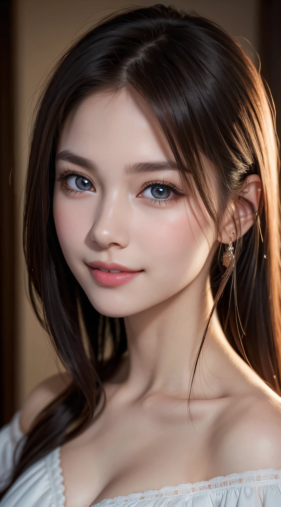 1girl in, Extremely cute, Amazing face and eyes, (extremely detailed beautiful face), (Ultra Realistic), (Highly detailed eyes, Highly detailed hair, Highly detailed face, Highly detailed plump lips), (off shoulders), breasts, Upper body, Search Smile, (Best Quality:1.4), Raw photo, (Realistic, photo-Realistic:1.37), Professional Photography, Cinematic Light,