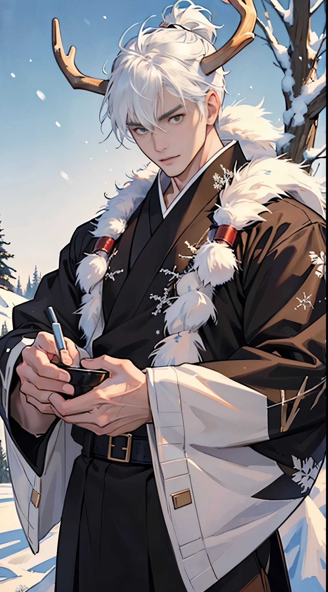 Japanese man, handsome, muscular, white hair, has antlers on his head, little brown deer outfit, takes off shirt, snow field, heavy snow, Christmas