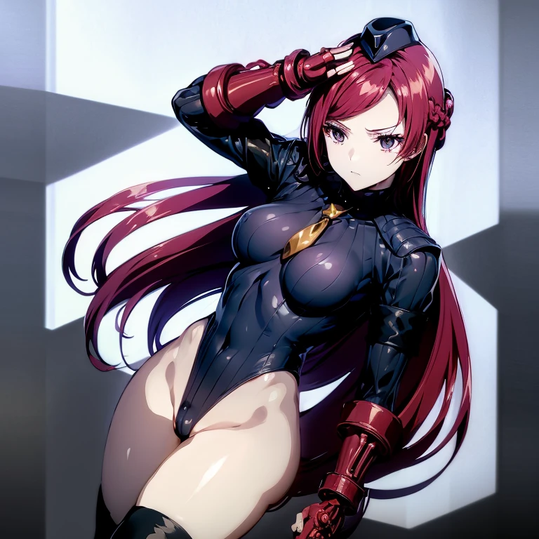 ultra-detailed, Explicit, Beautiful body, Beautiful Nose, Beautiful character design, perfect eyes, perfect face, ultra highres, 4K, beautiful legs, perfect legs, Nice hands, Perfect hand, Masterpiece, Best Quality, Highly detailed, illustration, absurdres, street fighter, doll suit, shadaloo doll, dollsuit, expressionless, blank eyes, looking at viewer, red gloves, emotionless, black latex, corrution, mind control, female combatant, full body, hypnotized, unhappy trance, full body suit, ribbed bodysuit, both arms at side, obey, perfect female body, extremely glossy latex, hypnosis, hypnoLora, empty eyes, Mind control device, poses, submissive_pose, Slave, hat, necktie, stand up straight, standing, standing at attention, hat, necktie, belt, latex, ribbed bodysuit, thighhighs, garter belt, Fighting Stance, extending the right arm from the shoulder into the air with a straightened hand, nazi saluting, military, military saluting, salute, thigh boots, 1girl, Pryde Royal Ivy, The Most Heretical Last Boss Queen From Villainess to Savior, red eyes, long hair, braid