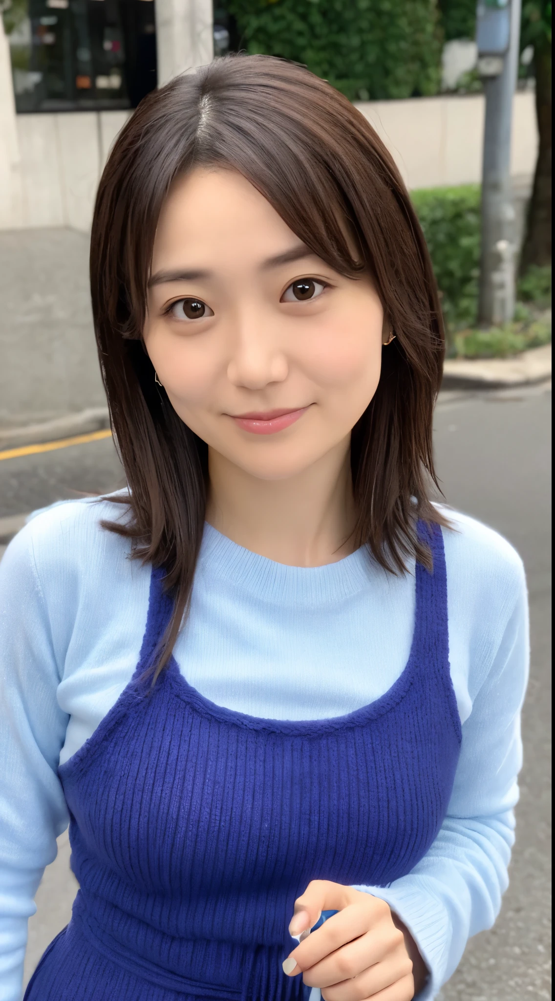 (Highly realistic photos, high resolusion, Detailed face, Detailed eyes) thin japanese woman, 40 years old, 1 girl, Cute face, various hairstyles, skinny body shape, （Breast Abundance）, very thin waist, Knitted dresses,Flared Mini Skirt,Medium hair, in a street, (fully body photo)