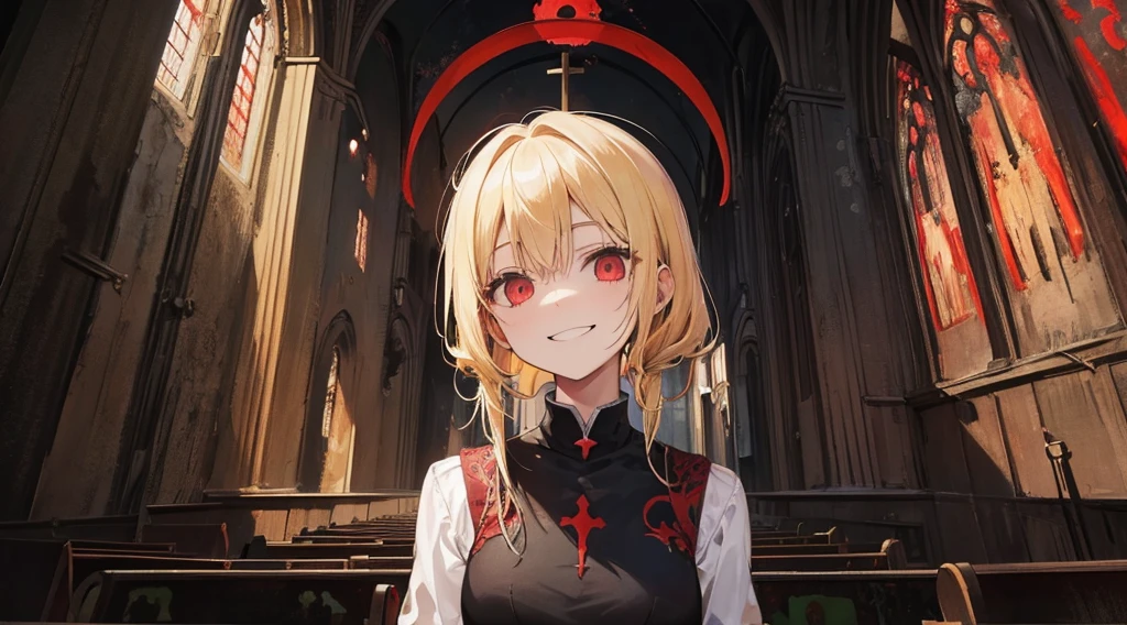 (sister, blonde hair, creepy smile), (abandoned church, red moon)