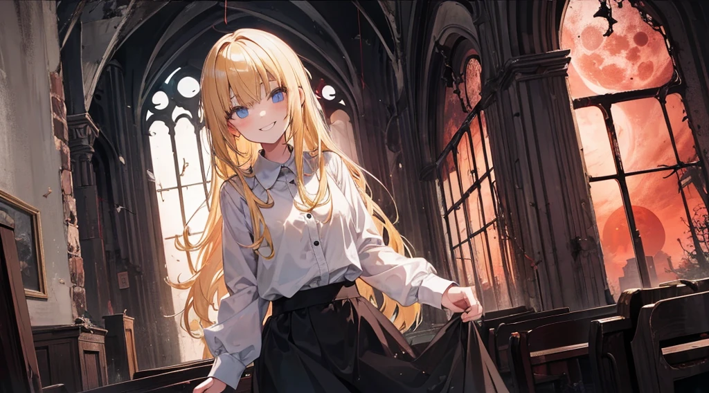 (sister, blonde hair, creepy smile), (abandoned church, red moon)