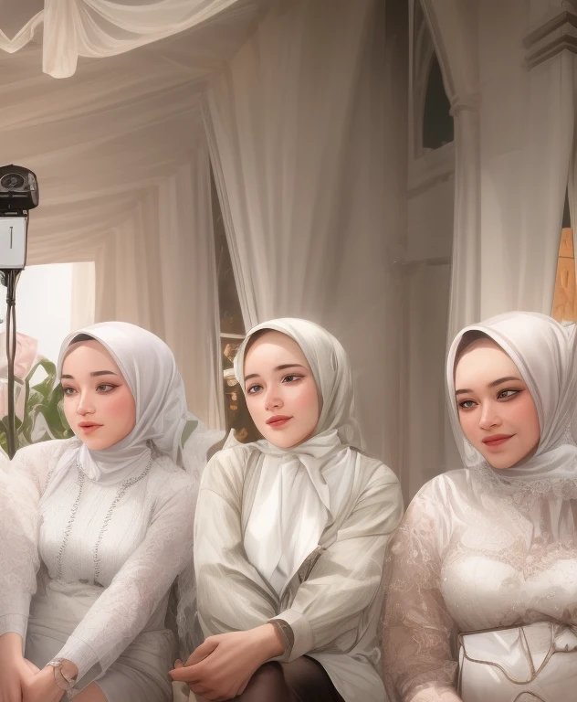 three women sitting on a couch with a man in a white shirt, 8k selfie photograph, captured on canon eos r 6, potrait, beautiful faces, pastel, protrait, semi realism, selfie, shot on nikon z9, makeup, portrait shot 8 k, close up potrait, exclusive, in background, wedding, beautiful girls, hijab