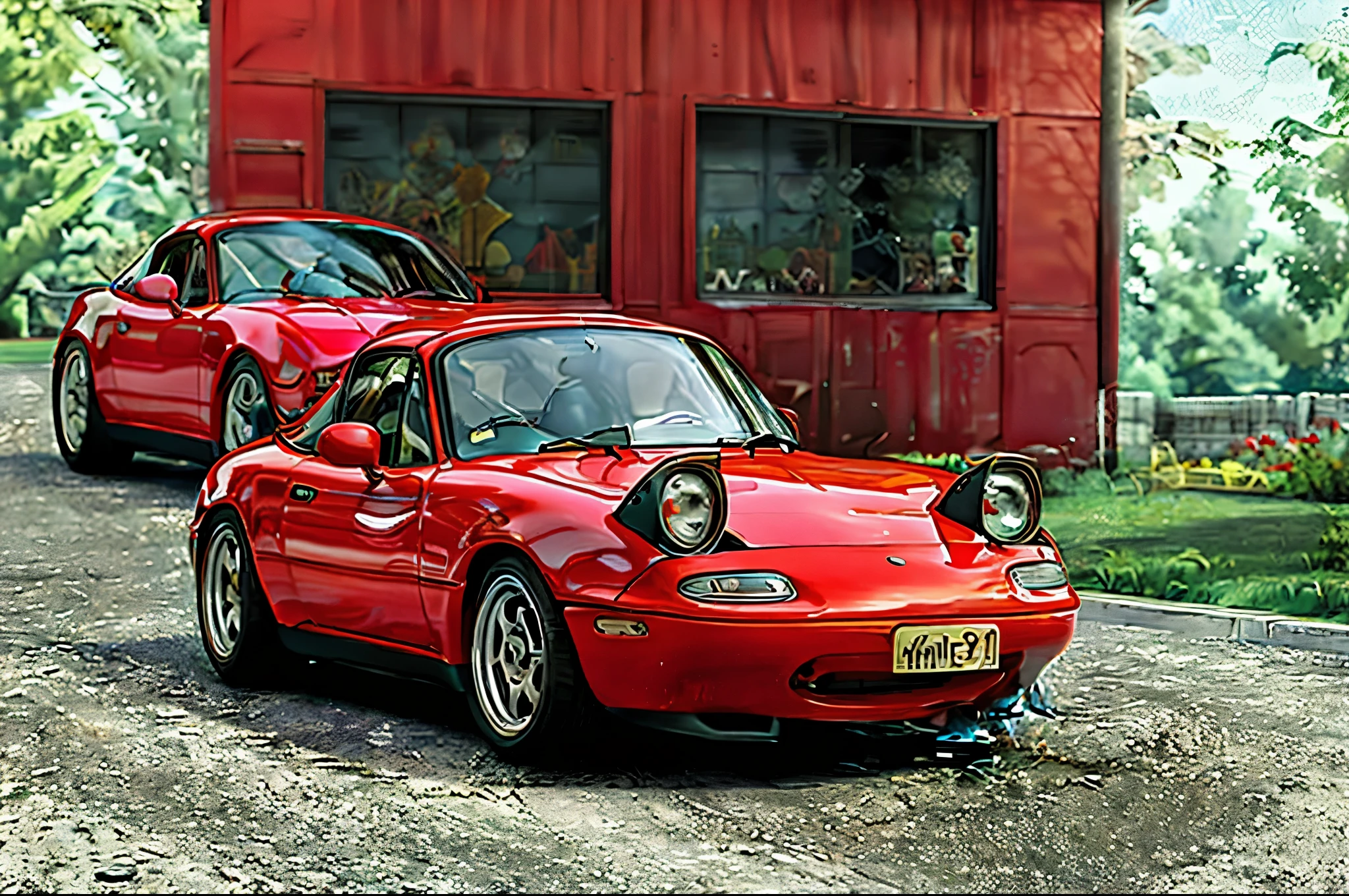 The Allafard RED Porsche 964 is parked in front of the garage, Highly detailed hyperreal retro, Porsche 964, Porsche 964,, Ultra-detailed 3D rendering, Ultra-detailed 3D rendering, Porsche 964, 3D Ultra-Realistic Rendering, veranda, hyper realistic rendering, hyper realistic 3 d render, hyper real render,Mender,tailed,Porsche 964,