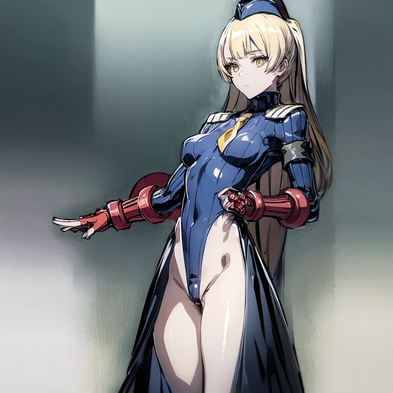 ultra-detailed, ????????, Beautiful body, Beautiful Nose, Beautiful character design, perfect eyes, perfect face, ultra highres, 4K, beautiful legs, perfect legs, Nice hands, Perfect hand, Masterpiece, Best Quality, Highly detailed, illustration, absurdres, street fighter, doll suit, shadaloo doll, dollsuit, expressionless, blank eyes, looking at viewer, red gloves, emotionless, black latex, corrution, mind control, female combatant, full body, hypnotized, unhappy trance, full body suit, ribbed ????????, both arms at side, obey, perfect female body, extremely glossy latex, hypnosis, hypnoLora, empty eyes, Mind control device, poses, submissive_pose, Slave, hat, necktie, stand up straight, standing, standing at attention, hat, necktie, belt, latex, ribbed ????????, thighhighs, garter belt, Fighting Stance, extending the right arm from the shoulder into the air with a straightened hand, ???? saluting, military, military saluting, salute, thigh boots, 1girl, The Most Heretical Last Boss Queen From Villainess to Savior, Tiara Royal Ivy, The Most Heretical Last Boss Queen From Villainess to Savior, blonde hair, long haie, yellow eyes