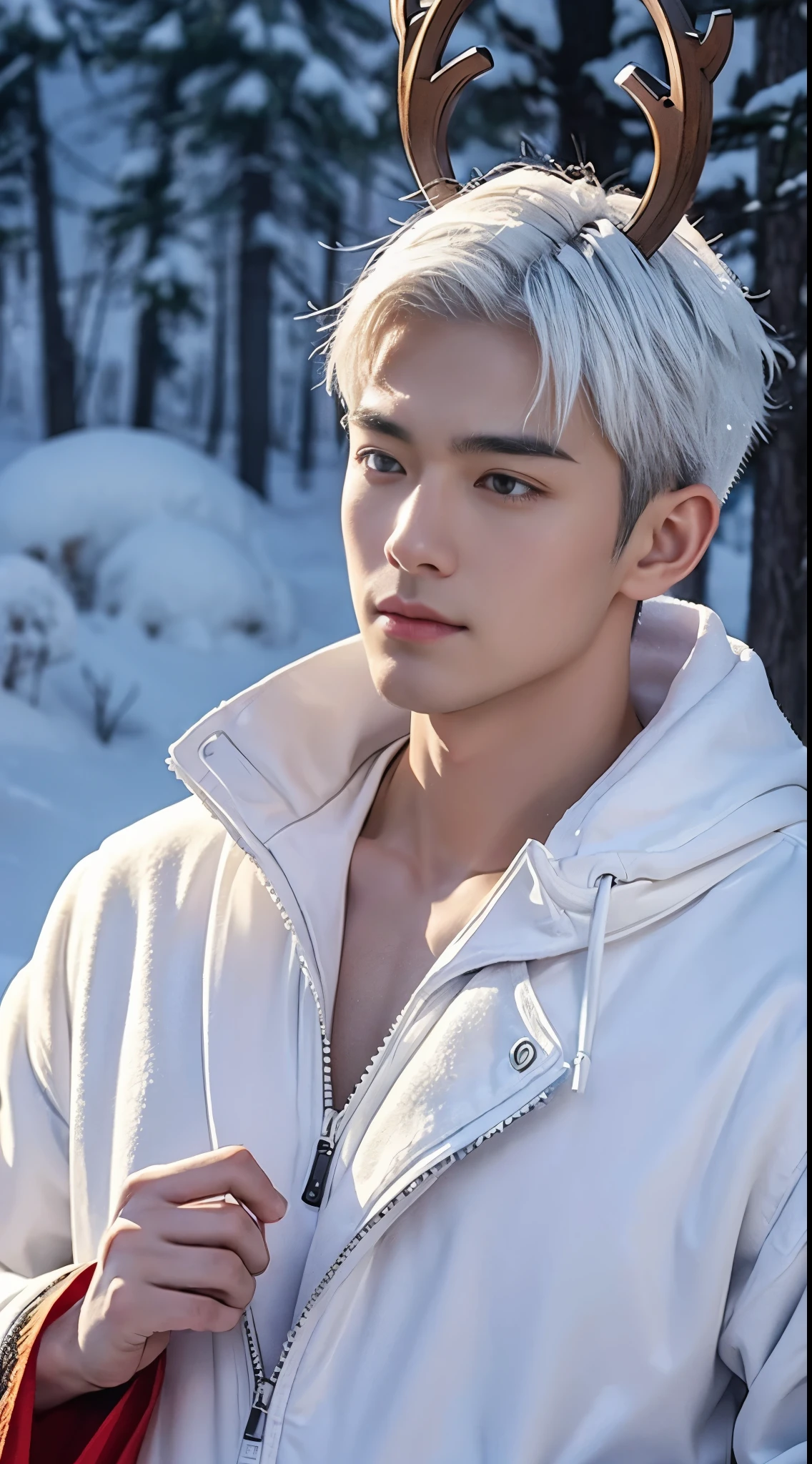 Japanese man, handsome, pale skin, muscles, white hair, sexy reindeer outfit, snow field, heavy snow