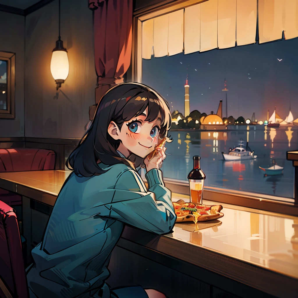 10yo daughter eating pizza in a restaurant with a view of the archipelago street, she looks cheerful, her father is delighted to see her and is watching him from the outside near window. Camera is inside the restaurant, view from daughter’s side.