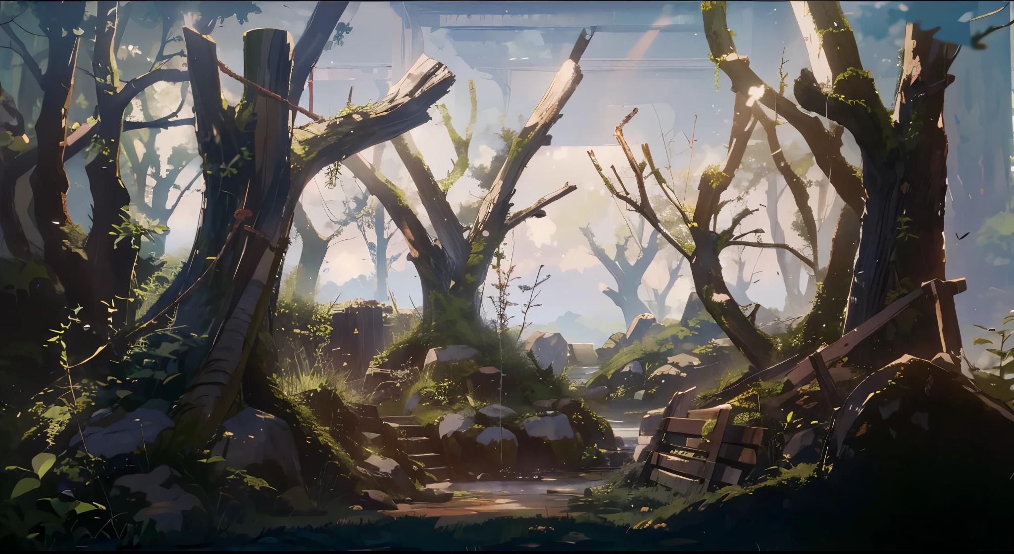 tmasterpiece, best qualtiy, 8k, ln the forest, 夏天, mid day, rays of sunshine, blue-sky, ssee-through, depth of fields, A high resolution, finedetail, ultra - detailed,((dense leaves)),Moss on stone,Is there a lot of pain hanging down from the branches?,The following elements are highlighted:ln the forest应以平静而清晰的方式描绘,反射rays of sunshine。 The sun should be noticeable,Radiate light in the field。ln the forest周围的环境可能包含自然元素,Such as treelowers or mountains。 Use soft and harmonious colors to convey the tranquility of the scene。 Make sure the image is visually pleasing and conveys a sense of tranquility。