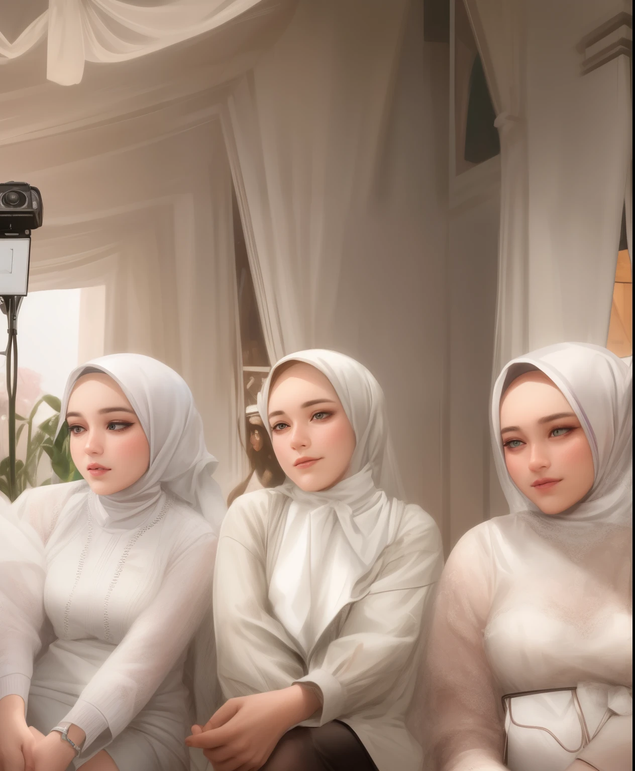 three women sitting on a couch with a man in a white shirt, 8k selfie photograph, captured on canon eos r 6, potrait, beautiful faces, pastel, protrait, semi realism, selfie, shot on nikon z9, makeup, portrait shot 8 k, close up potrait, exclusive, in background, wedding, beautiful girls, hijab