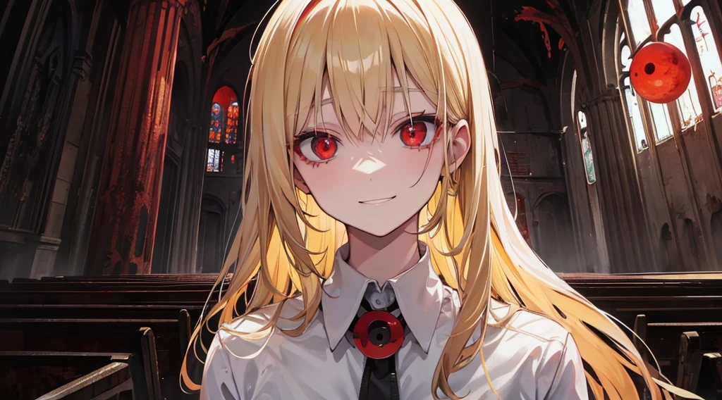 (sister, blonde hair, red eyes, creepy smile), (abandoned church, red moon)