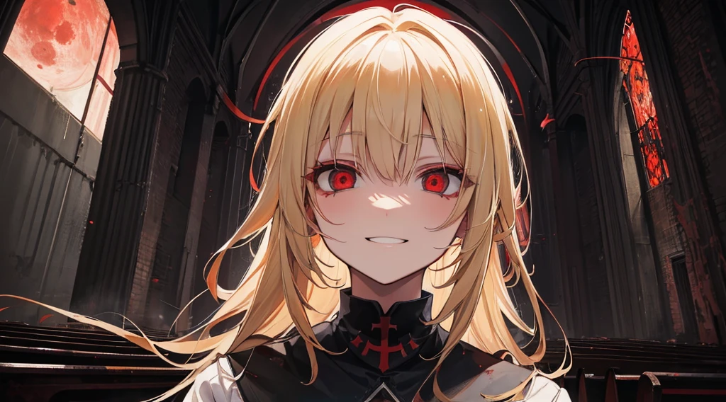 (sister, blonde hair, red eyes, creepy smile), (abandoned church, red moon)