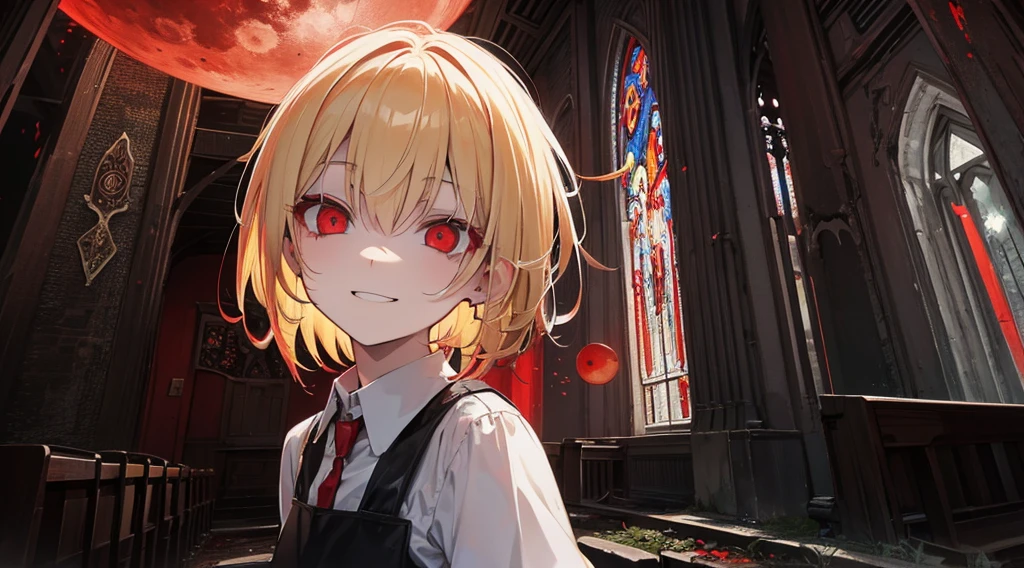 (sister, blonde hair, red eyes, creepy smile), (abandoned church, red moon)