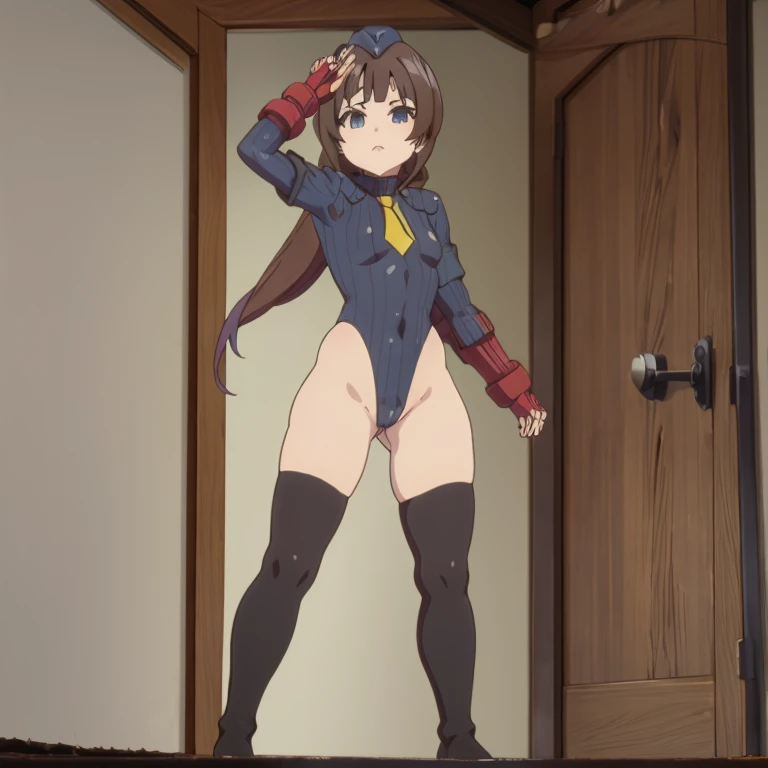 ultra-detailed, Explicit, Beautiful body, Beautiful Nose, Beautiful character design, perfect eyes, perfect face, ultra highres, 4K, beautiful legs, perfect legs, Nice hands, Perfect hand, Masterpiece, Best Quality, Highly detailed, illustration, absurdres, street fighter, doll suit, shadaloo doll, dollsuit, expressionless, blank eyes, looking at viewer, red gloves, emotionless, black latex, corrution, mind control, female combatant, full body, hypnotized, unhappy trance, full body suit, ribbed bodysuit, both arms at side, obey, perfect female body, extremely glossy latex, hypnosis, hypnoLora, empty eyes, Mind control device, poses, submissive_pose, Slave, hat, necktie, stand up straight, standing, standing at attention, hat, necktie, belt, latex, ribbed bodysuit, thighhighs, garter belt, Fighting Stance, extending the right arm from the shoulder into the air with a straightened hand, nazi saluting, military, military saluting, salute, thigh boots, 1girl, Ryuuou no Oshigoto!, hinatsuru ai, blue eyes, brown hair, hair ribbon, long hair