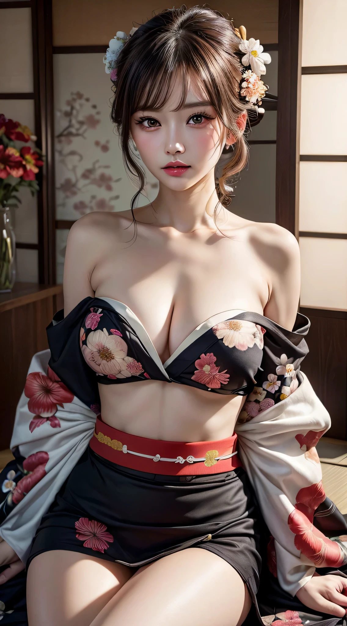 up do hairstyle, 1girl in, Extremely beautiful, Extremely cute, Amazing face and eyes, (large round eyes:1.15), Very calm look, (extremely detailed beautiful face), (Courtesan style beautiful and Cute floral kimono:1.5), (Bare shoulders:1.3), (Best Quality:1.4), (Ultra-detailed), (A hyper-realistic, Photorealsitic:1.37), Beautiful fair skin, extremely detailed CG unified 8k wallpaper, RAW Photos, professional photograpy, Cinematic lighting, Sitting, Spread your legs wide open, (Rat trail ditch, Private part:1.2), Staring at me, (Beautiful Floral Wallpapers), Bedroom, futon bedding, PILLOWS, dark Bedroom, Candle lighting, peaceful ambiance, (Courtesan style:1.4),
