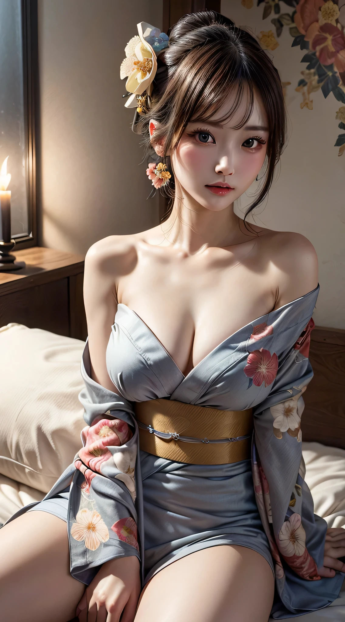 up do hairstyle, 1girl in, Extremely beautiful, Extremely cute, Amazing face and eyes, (large round eyes:1.15), Very calm look, (extremely detailed beautiful face), (Courtesan style beautiful and Cute floral kimono:1.5), (Bare shoulders:1.3), (Best Quality:1.4), (Ultra-detailed), (A hyper-realistic, Photorealsitic:1.37), Beautiful fair skin, extremely detailed CG unified 8k wallpaper, RAW Photos, professional photograpy, Cinematic lighting, Sitting, Spread your legs wide open, (Rat trail ditch, Private part:1.2), Staring at me, (Beautiful Floral Wallpapers), Bedroom, futon bedding, PILLOWS, dark Bedroom, Candle lighting, peaceful ambiance, (Courtesan style:1.4),