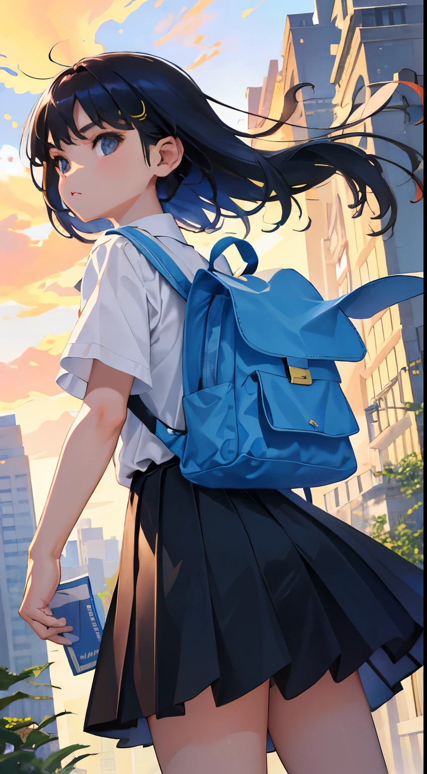 (child),(masterpiece,Highest Quality),backpack,Dark blue pleated miniskirt,shortsleeves,cabelos preto e longos,Summer Classroom,The wind is blowing,a park