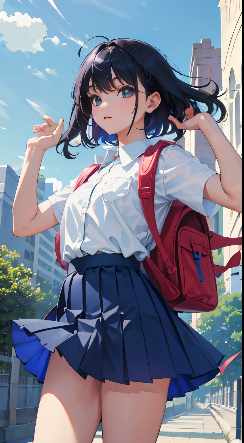 (child),(masterpiece,Highest Quality),backpack,light blue pleated miniskirt,shortsleeves,A dark-haired,Summer Classroom,The wind is blowing,a park