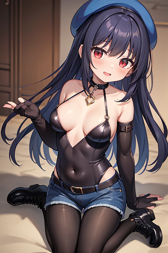 ​masterpiece, top-quality, Highly detailed, masutepiece, 1 woman, Lori, Red Eyes, Happy expression, Dark blue hair, Longhaire, (brown pantyhose that reach above the navel), Cute legs, High neck innerwear that only covers the chest, denim short pants, Ankle Boots, Black Belt Choker, Blue beret, brown long gloves, Fingerstick Gloves, discreet breasts,