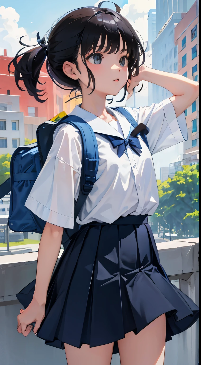 (child),(masterpiece,Highest Quality),backpack,Dark blue pleated miniskirt,shortsleeves,cabelos preto e longos,Summer Classroom,The wind is blowing,a park