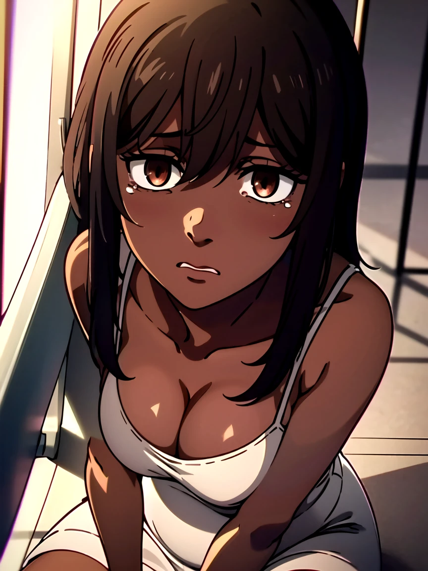 1 girl, (dark skin:1.2), shy, cute, (8k, RAW photo, best quality, masterpiece:1.2) ultra-detailed, detailed, vivid colors, studio lighting, blank eyes, white eyes, (detailed eyes, perfect eyes:1.1) black hair, extremely short hair, anatomically correct, brown eyes, floral summer dress, cleavage, anime screenshot, short skirt, locked inside cage, caged bars, eroge, worried, facing the viewer, scared, dark room, bad ending, extremely long curly hair, bent ove teary eyed, mouth closed, hime bangs, chained, 1girl, heavily pregnant, empty eyes, sitting on floor, viewed from the side, defeated and tired