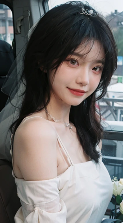 best qualtiy，tmasterpiece，超高分辨率，（realisticlying：1.4），2girls，winking，self-shot，a picture，Large wavy curls，Goose egg face，tiara crown，Enchanted smile，二重まぶた，A pair of peach blossom eyes，Lace wedding dress，Pure，choker necklace，adolable，Snow-white translucent skin，head straight-looking at viewer，On a helicopter，Full of atmosphere，hair pin：1.4，（The upper part of the body：1.4），