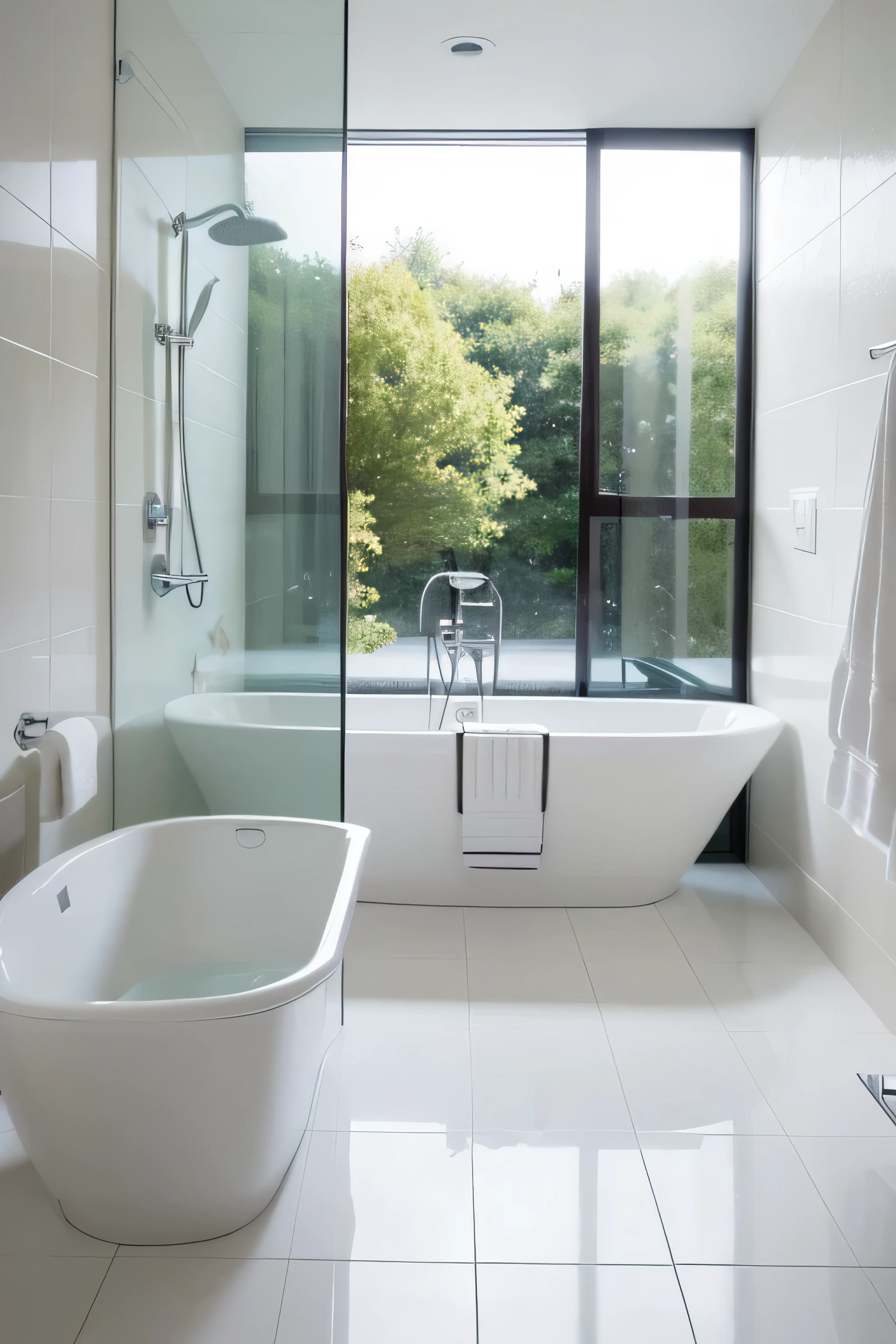 The bathroom should be bigger，There should be a bathtub in the middle. The environment should be off-white and brighter.