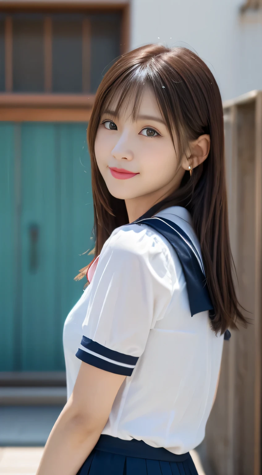 White see-through blouse,Face Interview, (Photo Real:1.4), (hyper realisitic:1.4), (realisitic:1.3), (Smooth lighting:1.05), (Improve video lighting quality:0.9), 1womanl, (10-year-old girl:1.2), Realistic lighting, Back lighting, Facial light, raytrace, (cheerfulness:1.2), (Improved image quality:1.4), (最高級のrealisiticテクスチャードスキニーアイ, a small face, Red cheeks, skinny body, small tits:1.8、Pointed jaws,,,,,,, Japan idol, Nogizaka Idol, glowy skin, hposing Gravure Idol, P, Blunt bangs, Black hair, hair behind ear, Medium bob hair:1.2,Tear bag,Summer plateau、(White short sleeve blouse、Sailor School Uniform、紺Pリーツスカート:1.2)