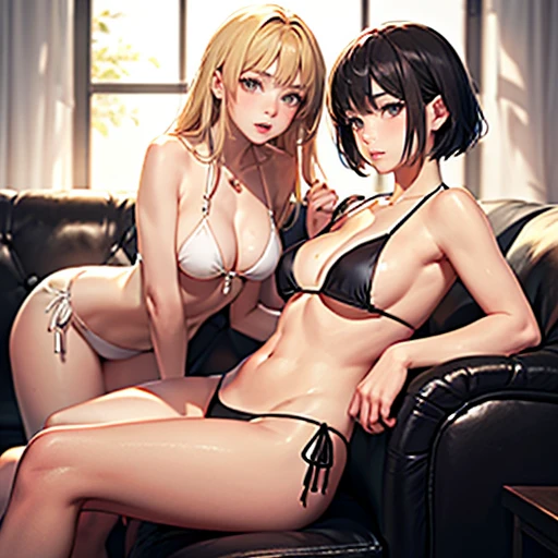 masterpiece, best quality, ultra detailed, beautiful face, beautiful skin, professional lighting, 2girls, (((on the left, flat chest girl with short black hair wearing black bikini))), BREAK (((a little further away on the right, large breasts girl with long blonde hair wearing white bikini))), full body, on sofa