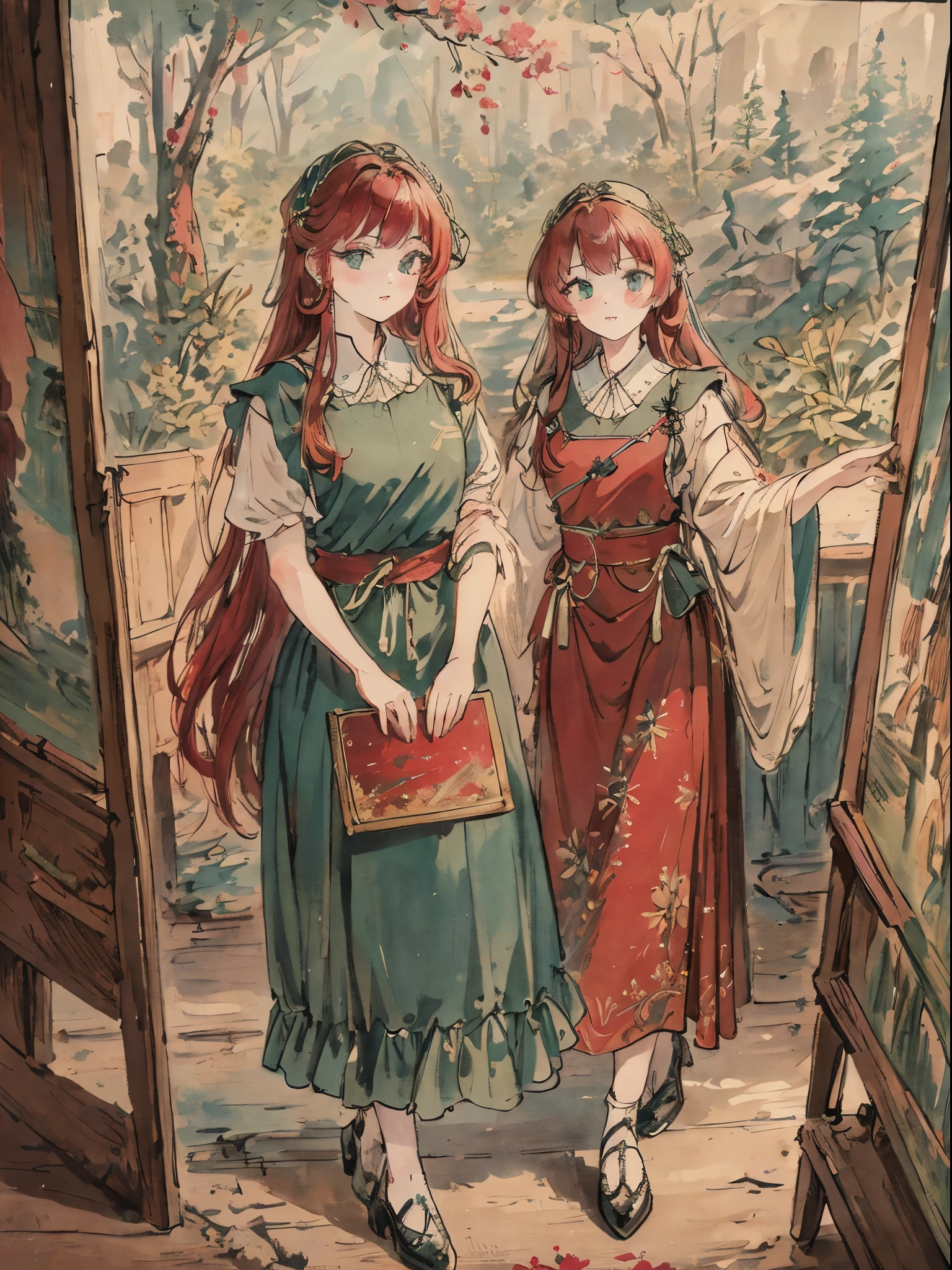 masterpiece, best quality, an extremely delicate and beautiful girl,an extremely delicate and beautiful, world masterpiece theater, ultra-detailed, highly detailed, best quality, red hair, highres, extremely detailed,2 girl, best quality, illustration, looking at viewer, impasto, canvas, oil painting, realistic, realist ,real, Green eyes, In castle, , vintage outfit. Twins