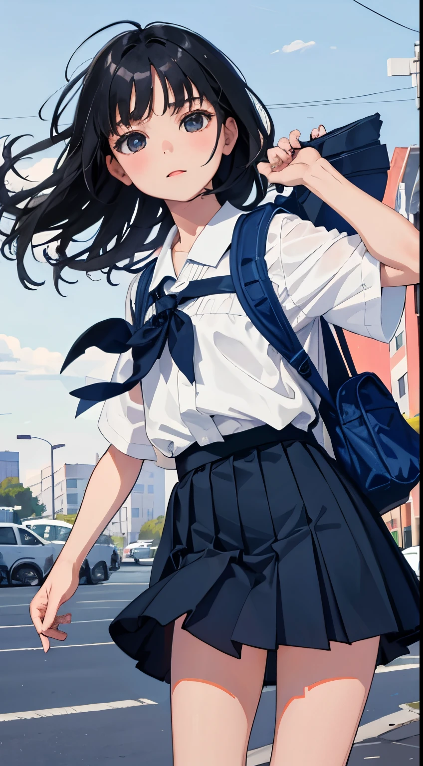 (child),(masterpiece,Highest Quality),backpack,Dark blue pleated miniskirt,shortsleeves,Two-side-up black hair,Summer Classroom,The wind is blowing,a park