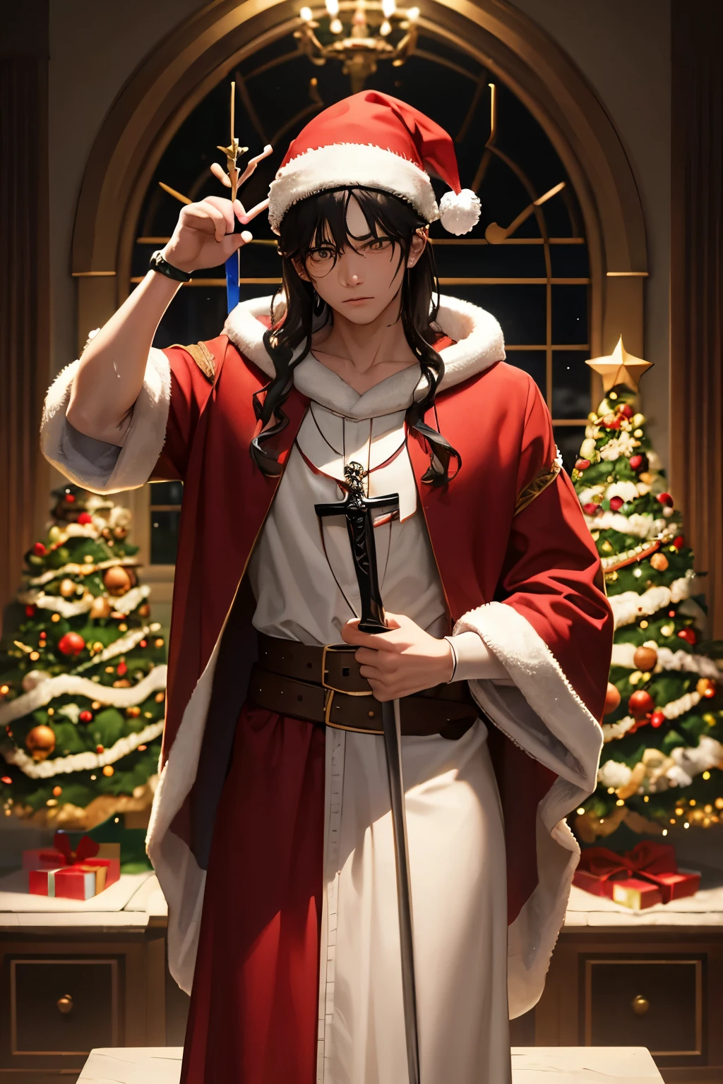 young man, christmas hat, holding a dagger with wavy blade, blood tears from eyes, christmas tree, sculpture of crucified jesus