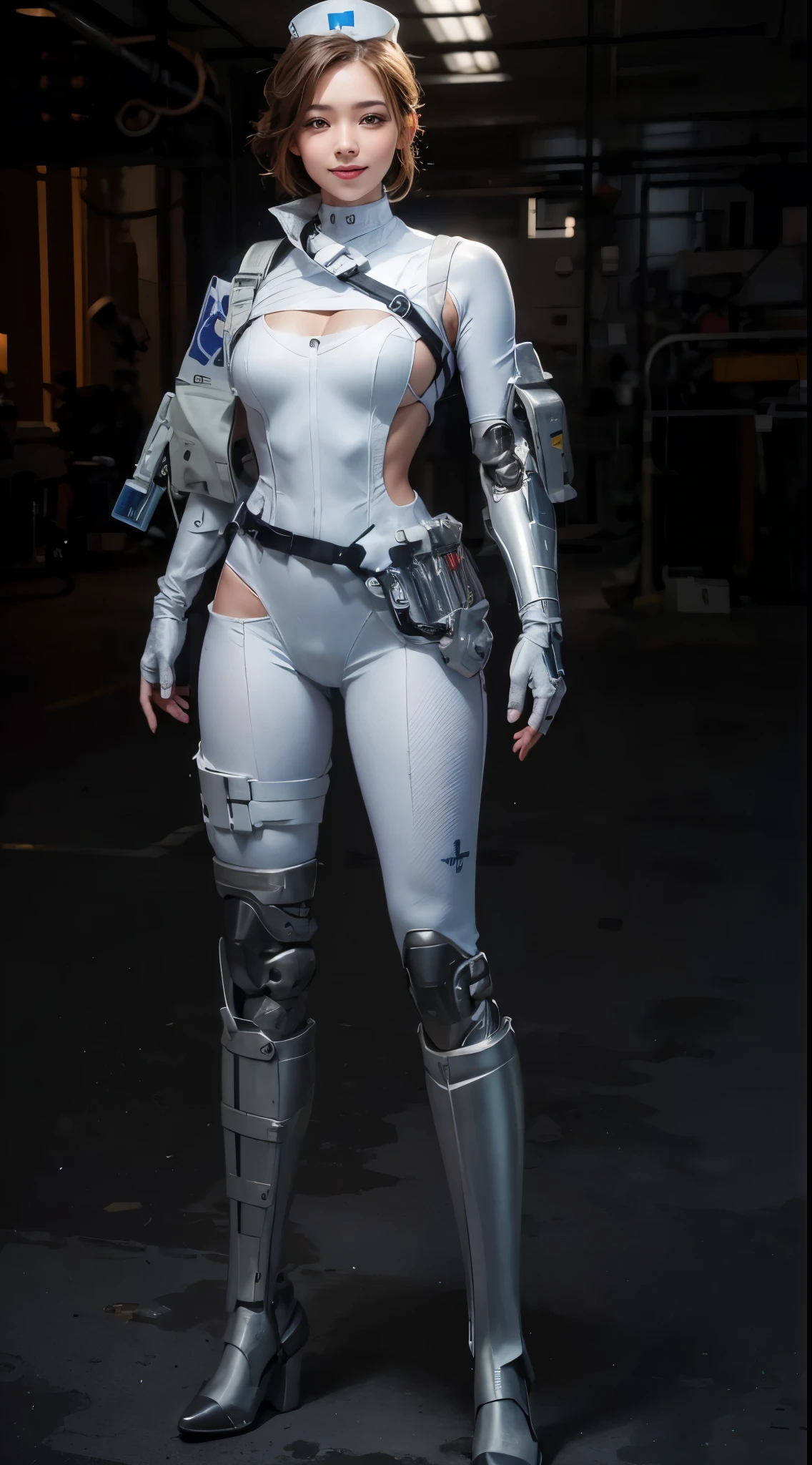 (Highest image quality, outstanding details, ultra-high resolution), 1 asian girl, (wearing white futuristic military nurse outfit), (glamour body:1.2, buffed and muscular body), (a bit chubby:0.5), (futuristic military nurse outfit inspired by bike suit and industrial manufacturing robot, military harness, military gears such as poucheackground military base, mild smile, dynamic pose, dramatic lighting,