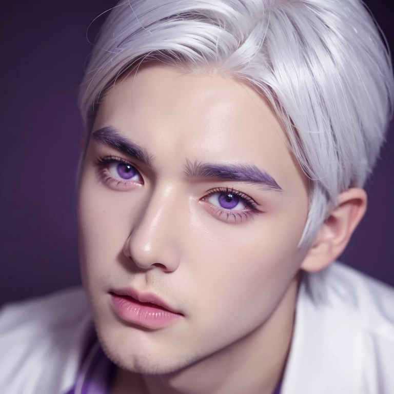 Realistic boy with a white hair,white lashes nd purple eyes