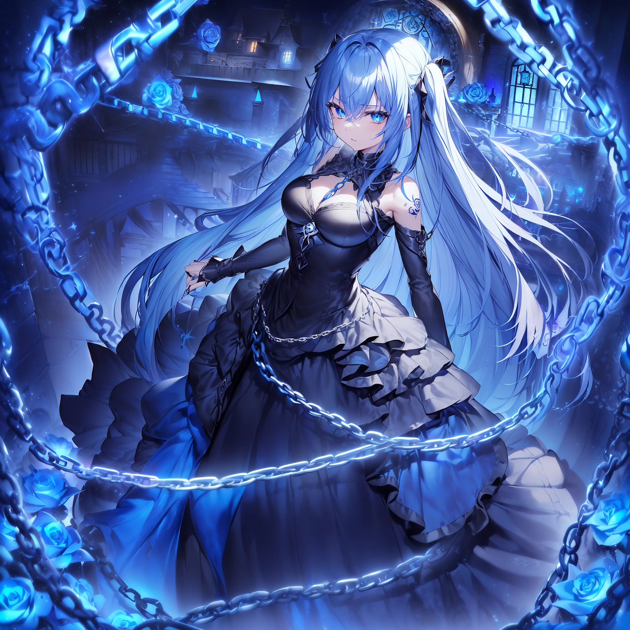 top-quality、Top image quality、masterpiece、girl with((18year old、dark outfit、prisoner、 Best Bust、Bust 85、a blond、Semi-long、Blue eyes、open chest wide、Valley、Happiness、A slender、Provocative behavior、Evil face、Handcuffed、High laughter、Skull Tattoo、Tattoo of roses、Targeting your audience、Tighten blue rose hair、Black aura,Dark Forces,blue flames、Chain Accessories))hiquality、Beautiful Art、Background with((prison、Dark impression、House of Darkness、many chains))、masutepiece、Elaborate design、visualart、dark art