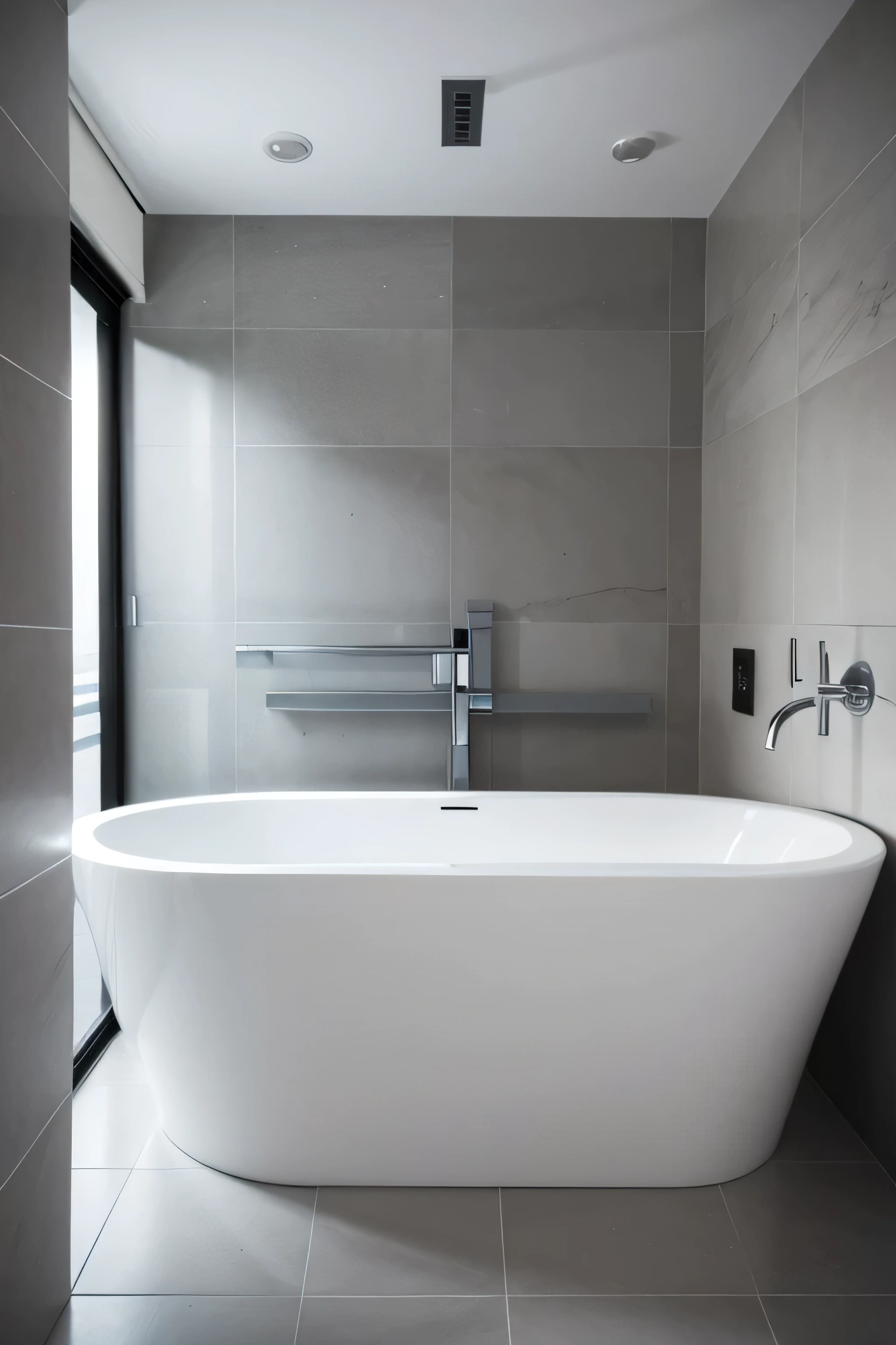 Bathrooms should be bigger and bigger，There should be a bathtub in the middle. The environment should be gray, This is a closed space