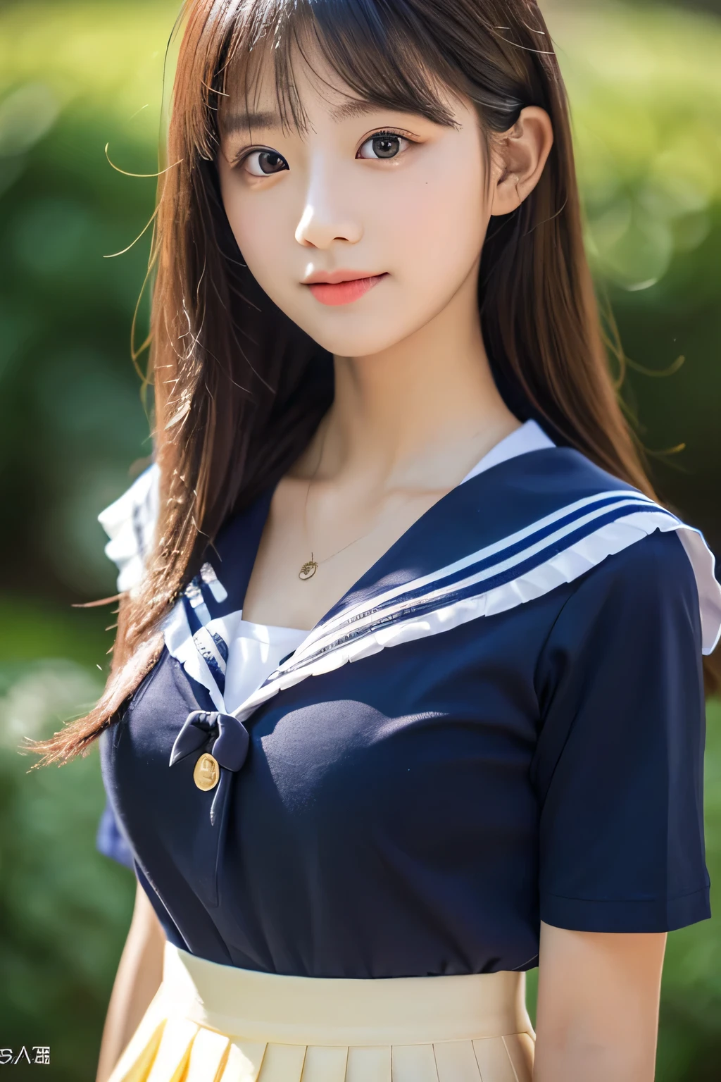tmasterpiece,top-quality,offcial art,Highly detailed CG Unity 8K wallpapers,Like a girl,16yo gVery delicate beautiful,超hight resolution,(realisticlying:1.4),Golden Hour Lighting,(The upper part of the body),(Platinum Shorthair:0.8),(Puffy eyes),looking at viewert,facing front,ssmile,(Dark blue shirt、Sailor School Uniform、Navy blue pleated skirt:1.2),The shirt boosts long black hair,(chiayi:1.5), closeup cleavage, tmasterpiece, best qualtiy, RAW photogr, realisticlying, faces, incredibly irrational loyalty, depth of fields, hight resolution, ultra - detailed, finedetail, Very detailed, 非常に詳細な目とfaces, Sharp pupils, pupil realistic, tack sharp focus, cinmatic lighting