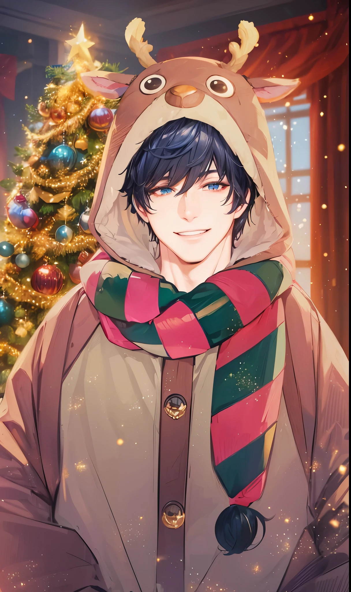 a handsome man,cool expression、Blue-black hair、The clothes are cute fluffy deer costumes with horns.、cute reindeer costume、Very detailed CG Unity 8K wallpaper, (Super masterpiece, Beautiful person, well detailed face polluted smile, Photorealistic, hyper realisitic),Glitter backgrounds
