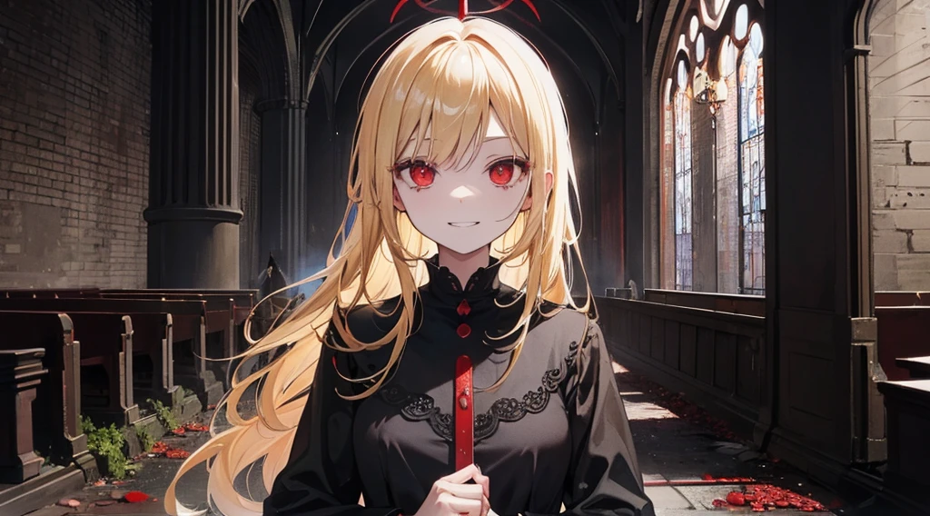 (sister, blonde hair, red eyes, black frock, creepy smile), (abandoned church)