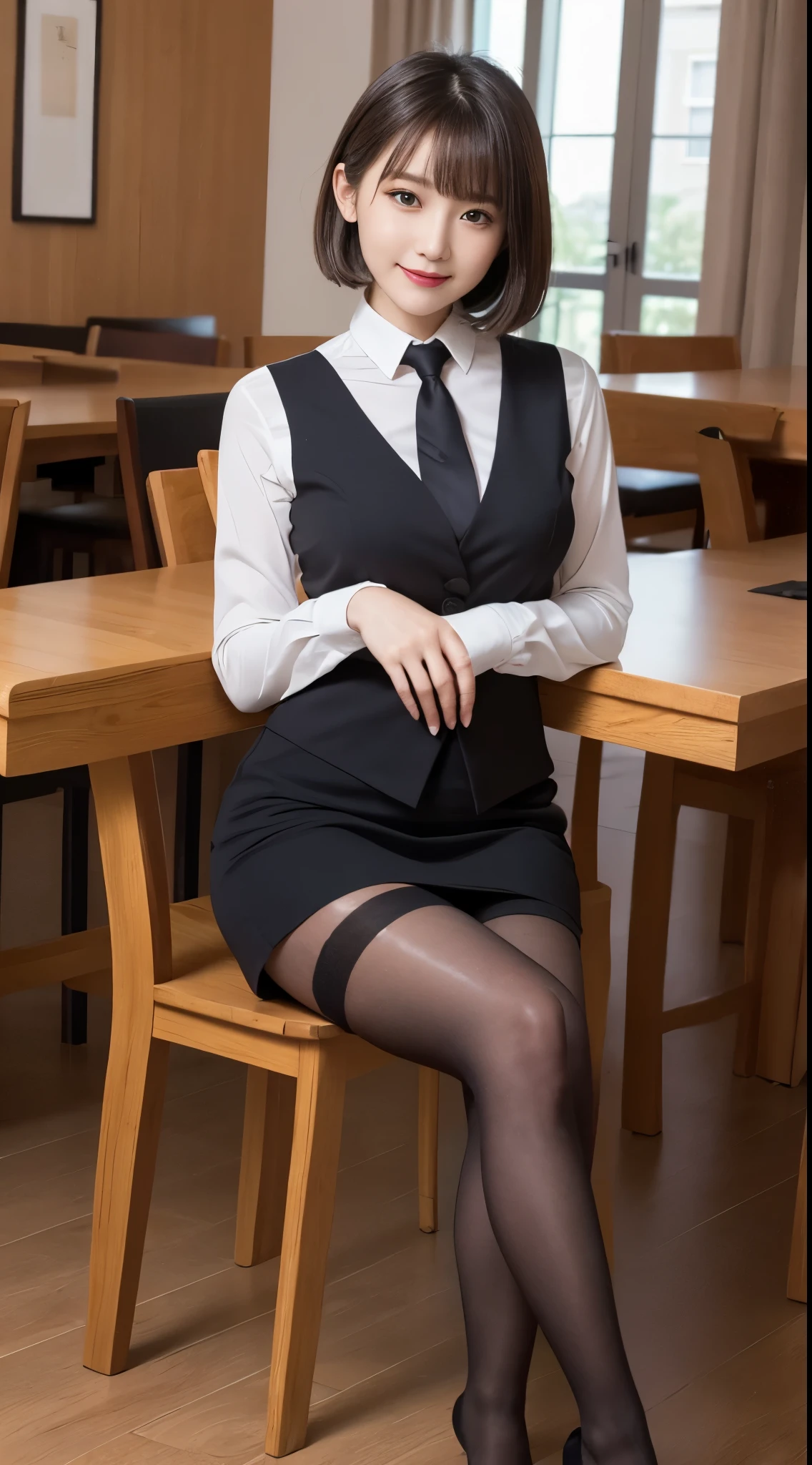 masutepiece, Best Quality, Illustration, Ultra-detailed, finely detail, hight resolution, 8K Wallpaper, Perfect dynamic composition, Beautiful detailed eyes, Business suits,Mini skirt,short cut hair,Natural Color Lip, Sit on a chair and cross your legs,Smile、25 year old girl,red eye shadow,Wearing black tights stockings,